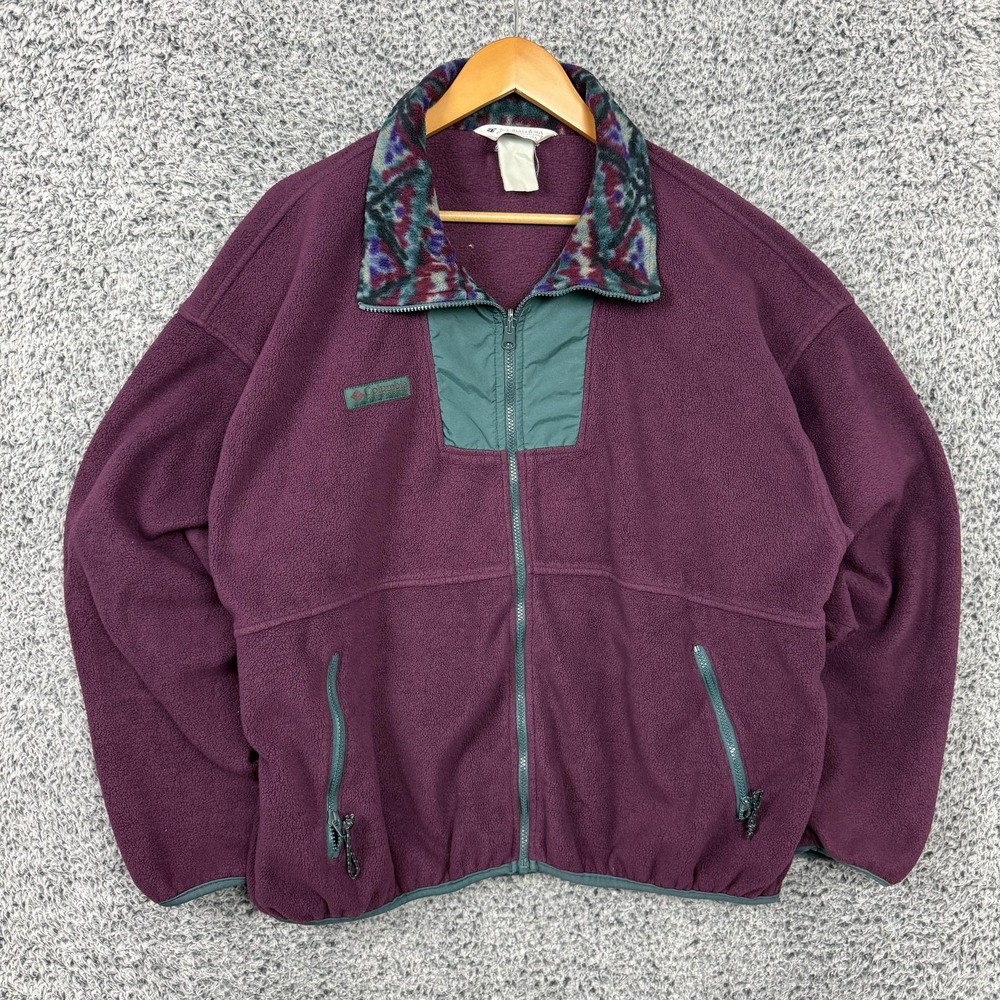 Vintage Columbia Jacket Mens 2XL Purple Fleece Windbreaker Patterned Collar 90s